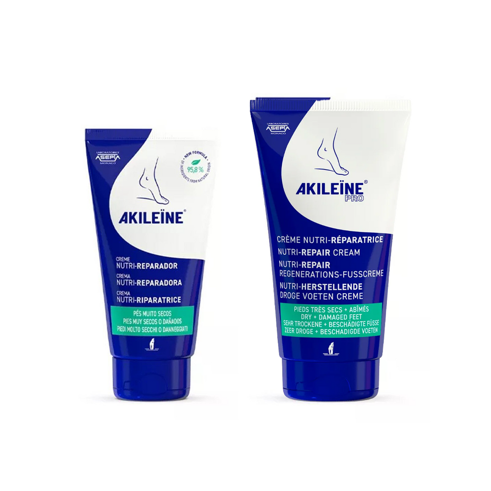 Two tubes of Aikileine Nutri-Repair Cream side by side on a white background, one smaller and one larger size, both with blue and white packaging and green accents.