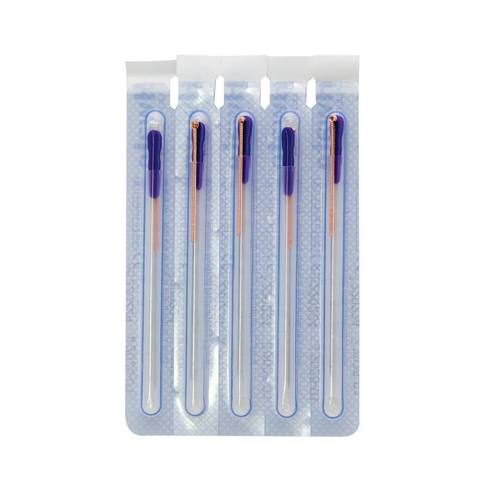Five sterile single-use needle packs containing sewing or stitching needles, arranged vertically in a clear plastic blister pack with a light blue patterned backing.