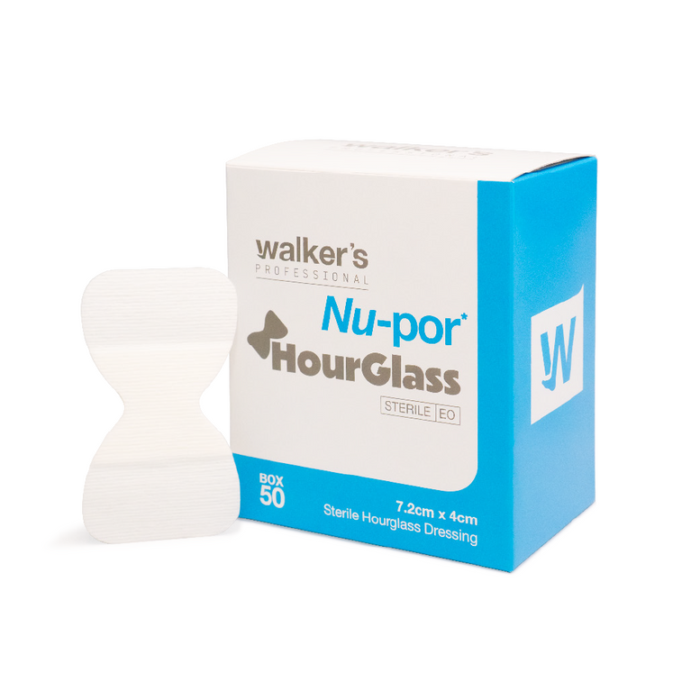 Walker's Professional Nu-por HourGlass sterile hougrea dressing shown as a white hourglass-shaped dressing next to its blue and white retail box on a white background.