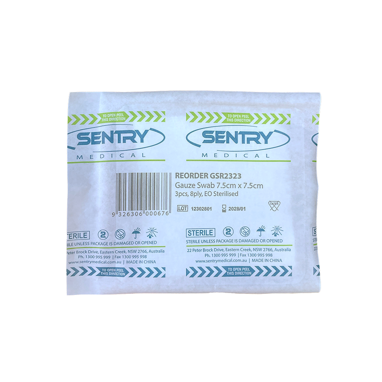 SENTRY GAUZE SWABS STERILE 8 PLY - 7.5CM X 7.5CM PKT 3