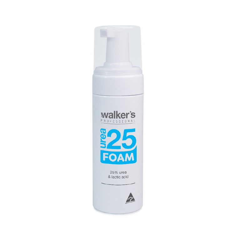A white pump bottle of Walker's Professional Pain Relief 25 Foam, featuring a white cap and a label with blue and black text, set against a plain white background.