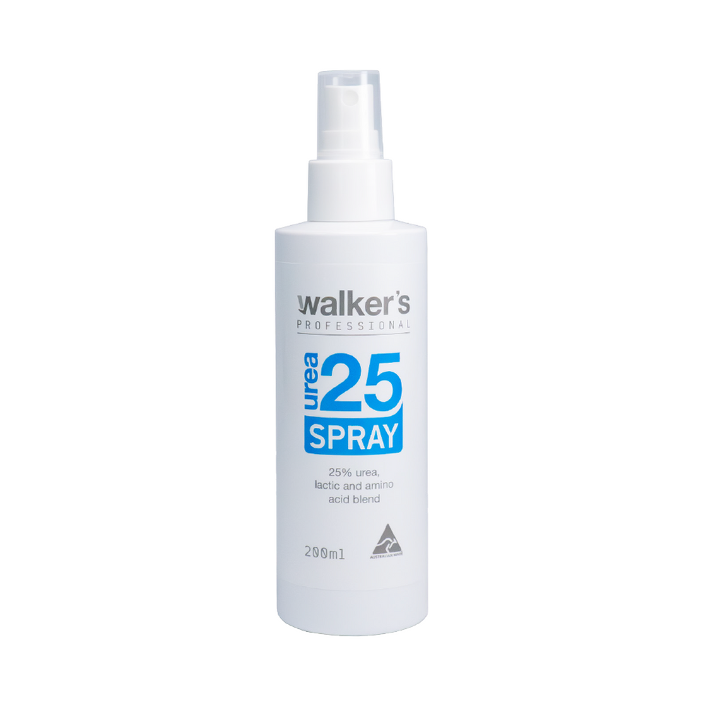 A white plastic spray bottle of Walker's Professional Urea 25% Urea Spray, featuring a clear spray nozzle and a blue and white label, set against a plain white background.