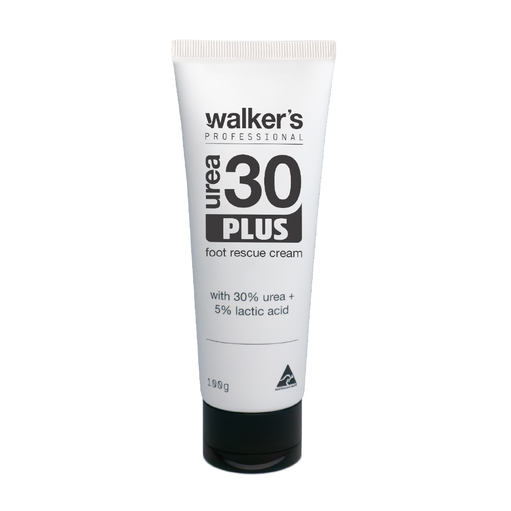 A white squeeze tube of Walker's Professional Urea 30 Plus foot rescue cream with a black cap, shown on a plain white background.