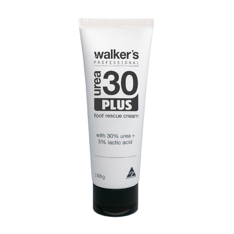 A white squeeze tube of Walker's Professional Urea 30 Plus foot rescue cream with a black cap, shown on a plain white background.