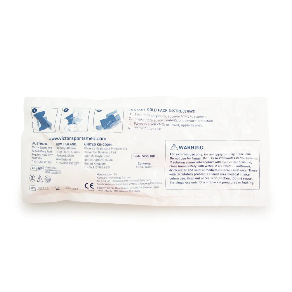 Cold pack with instructions and warning label on a white background